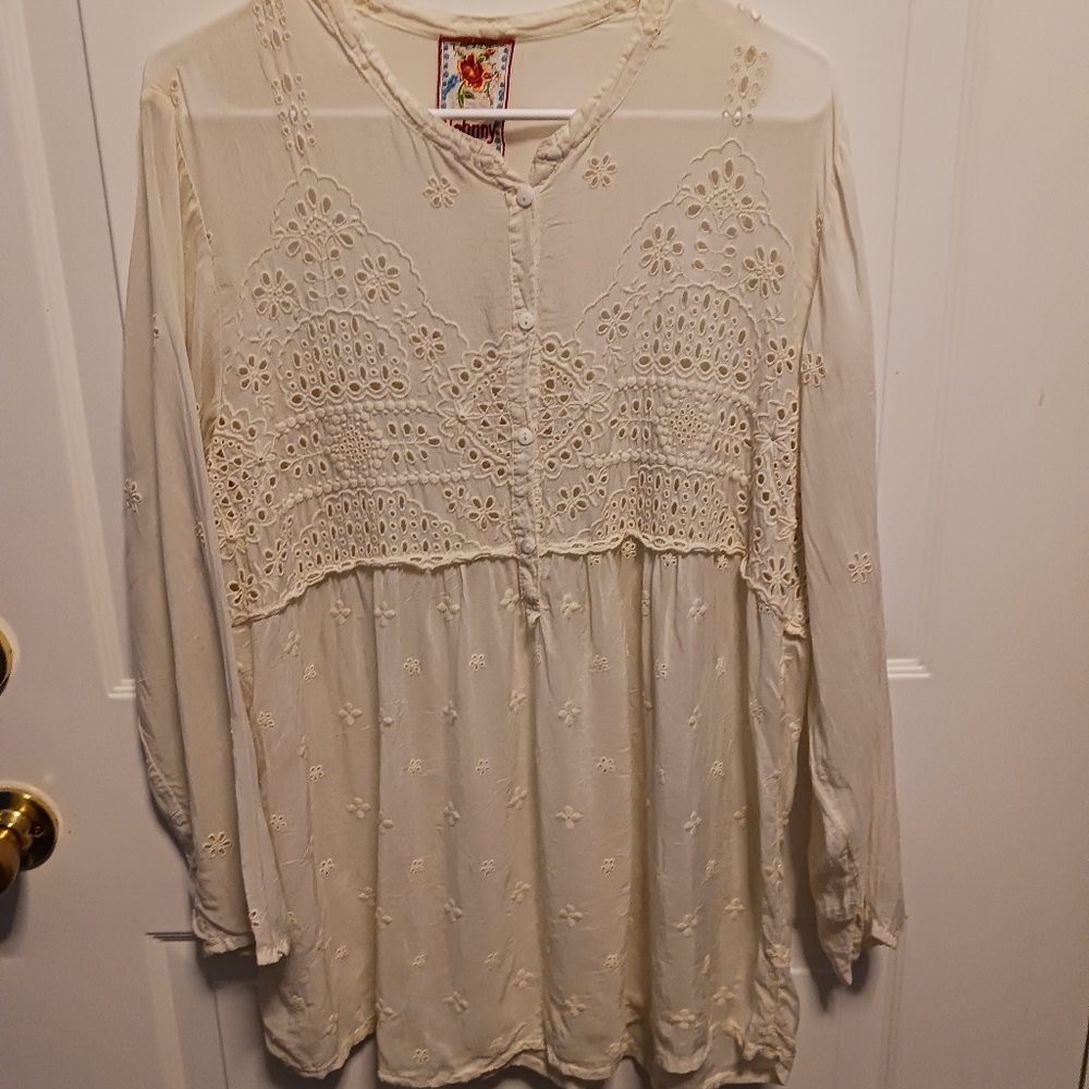 Johnny Was Top Womens Lg Ivory Lace V Neck Sheer Blouse Cupra Rayon Boho